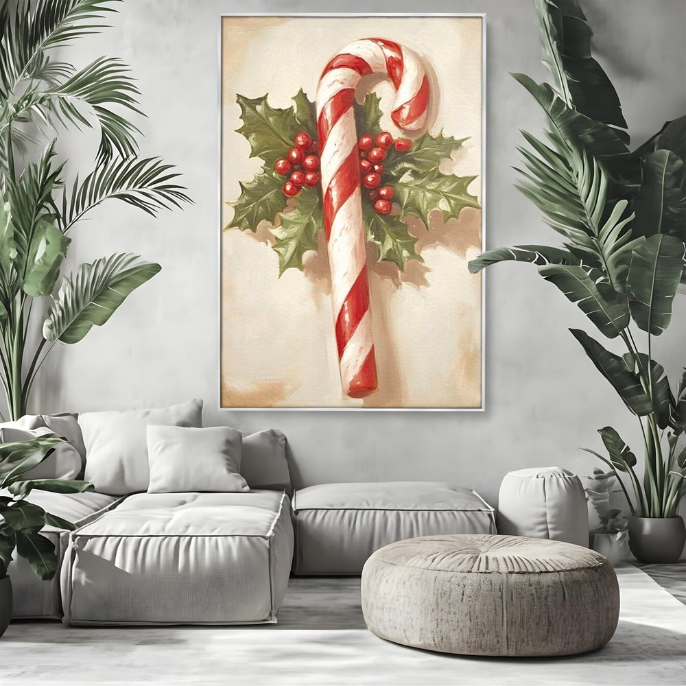 Tablou canvas cu pictura cu baston de zahar si frunze, in rama de aluminiu argintiu, pe perete intr-un living